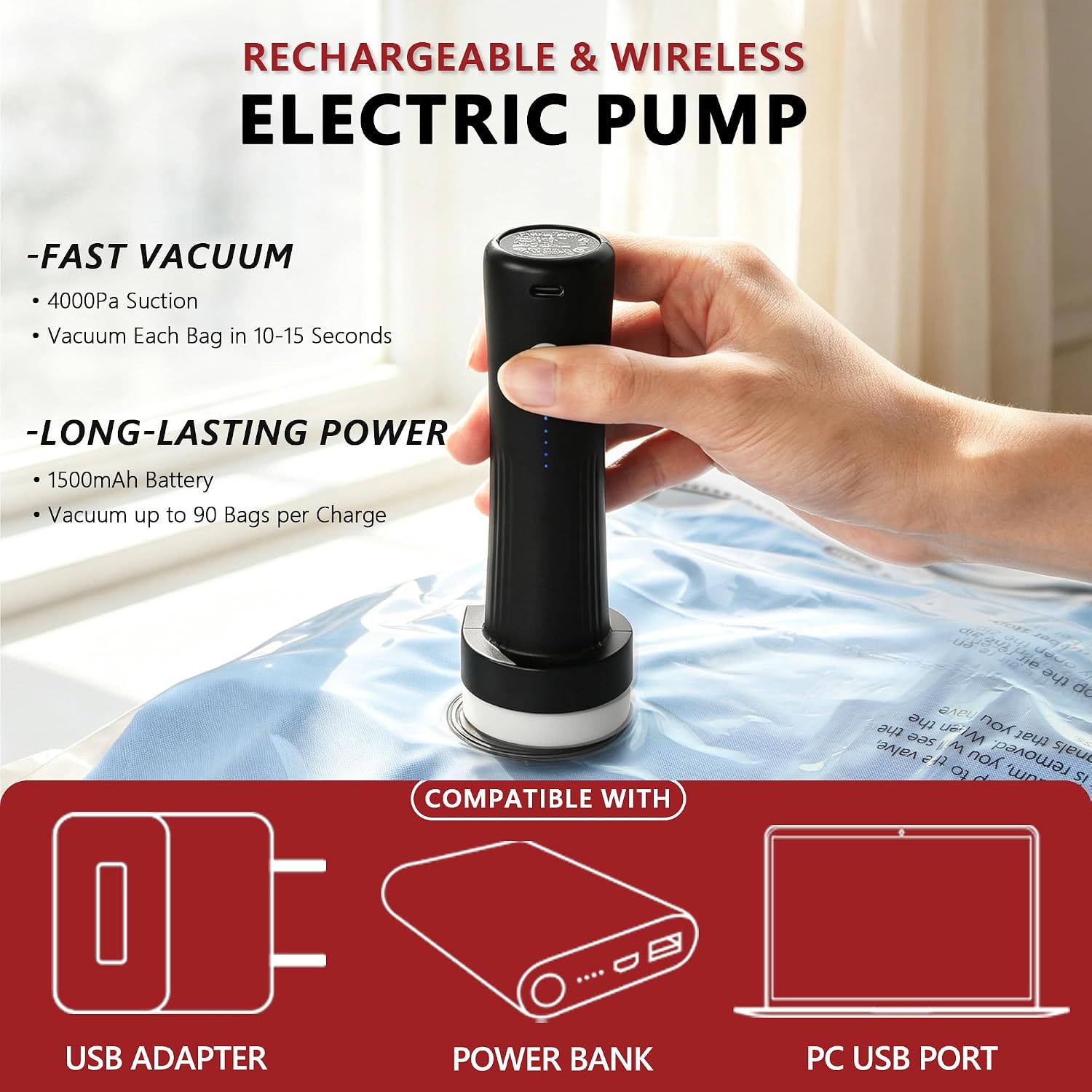 Travel Vacuum Bags for Clothing with Cordless Pump 18 Combo, Clear - Image 5