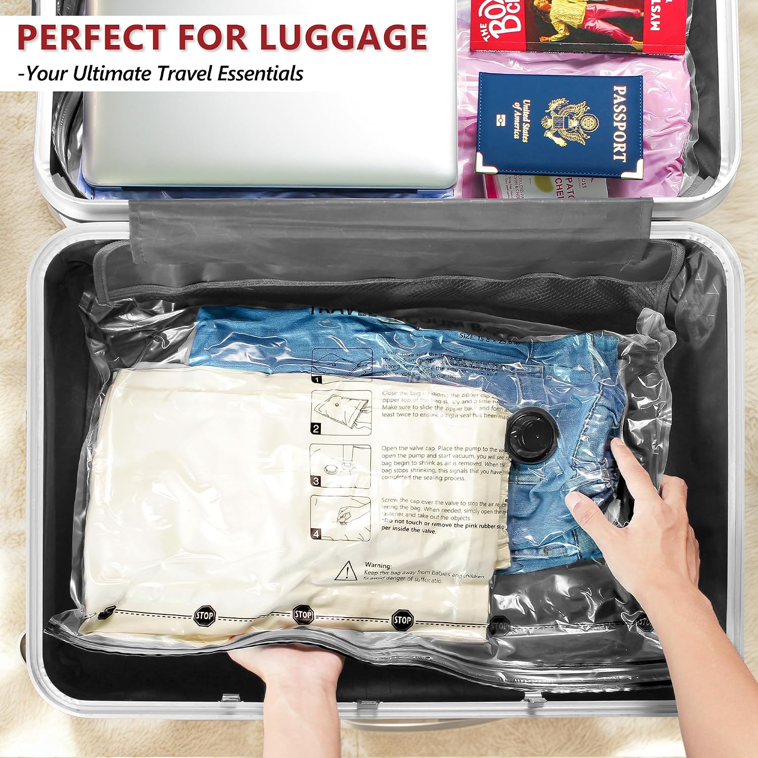 Travel Vacuum Bags for Clothing with Cordless Pump 18 Combo, Clear - Image 8